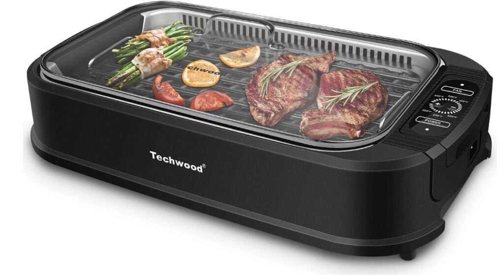 Indoor Grill, Techwood 1500W Smokeless Electric Grill with Tempered Glass Lid, Compact & Portable Non-Stick BBQ Grill with 6-Level Control, Dishwasher Safe, Black