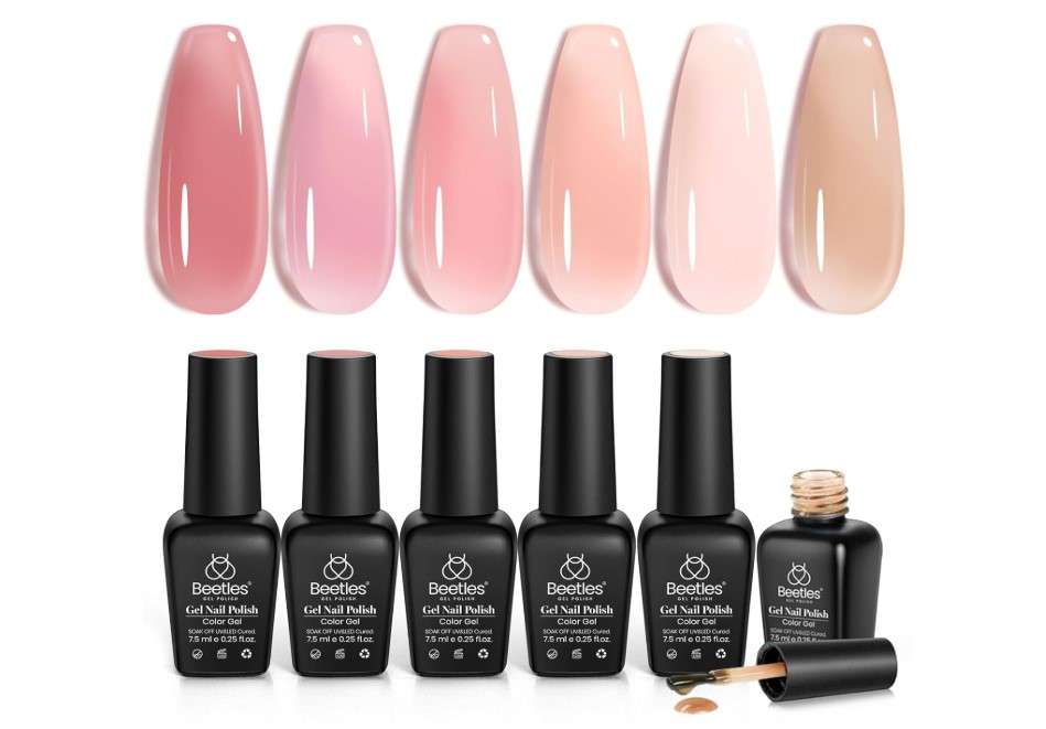 Beetles Jelly Gel Nail Polish Set, 6 Colors Jelly Gel Polish Kit Nude Pink Neutral Nail Art Design Sheer Translucent Gel Nail Kits Soak Off Uv Nail Lamp Cured Nail Manicure Gift for Women