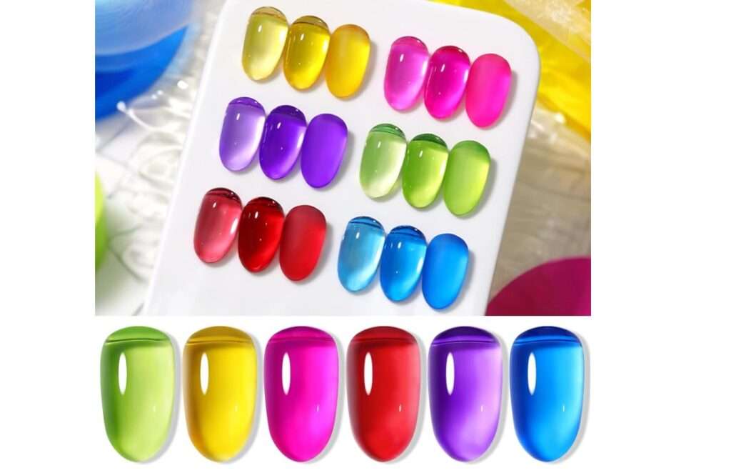 Born Pretty Neon Jelly Nail Polish Set, 6 Colors Halloween Ice Jelly Neon Nail Polish Quick Dry Fingernail Polish Kit Crystal Transparent Hot Pink Yellow Green Blue Nail Lacquer Glossy Polish Set