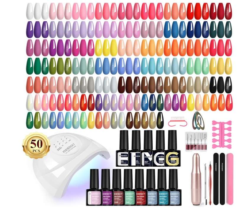 PHOENIXY 63 Pcs Gel Nail Polish Kit with U V light and Drill, 45 Colors Gel Polish with 5 Pcs Base Top Coat Manicure Starter Nail Polish Set Gifts for Women ST9017