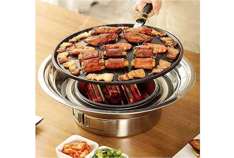 Baffect BBQ Charcoal Grill, 13.7 inch Non-stick Stainless Steel Korean Barbecue Grill, Portable Charcoal Stove for Outdoors Camping Picnic and Indoor Party Cooking
