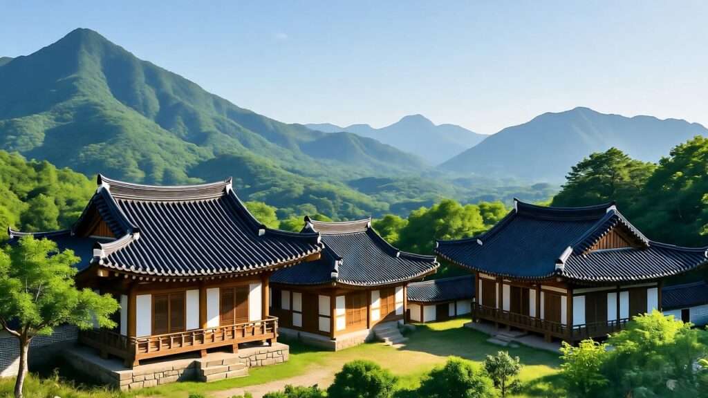 Traditional Korean village with hanok houses and mountains, reflecting cultural harmony and safety.