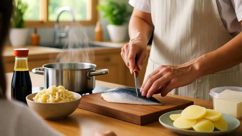 Person cooking bugeo-guk with maesaengi in a warm family kitchen setting.