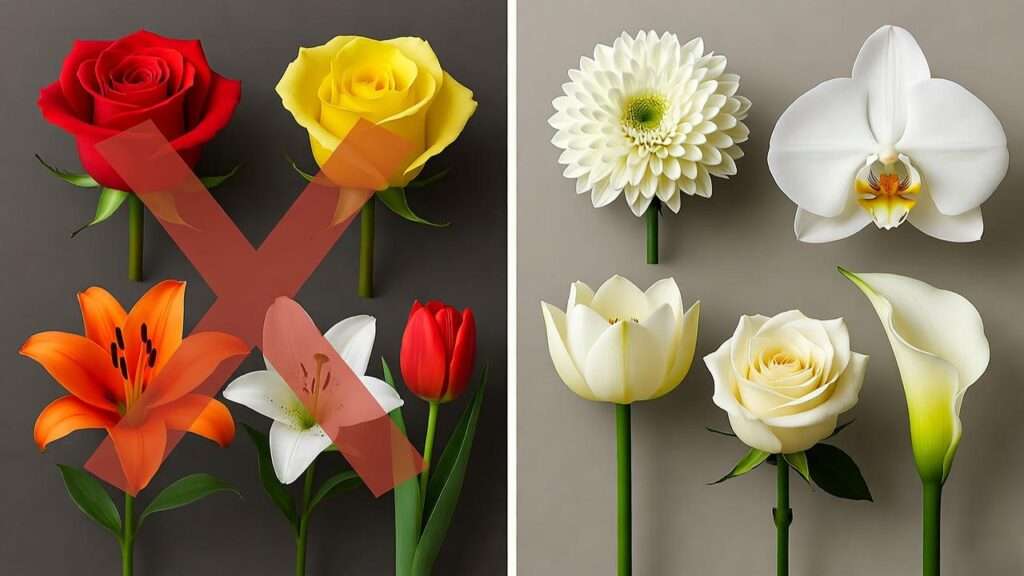 Comparison of avoided colorful flowers versus appropriate white blooms for Korean funeral etiquette.