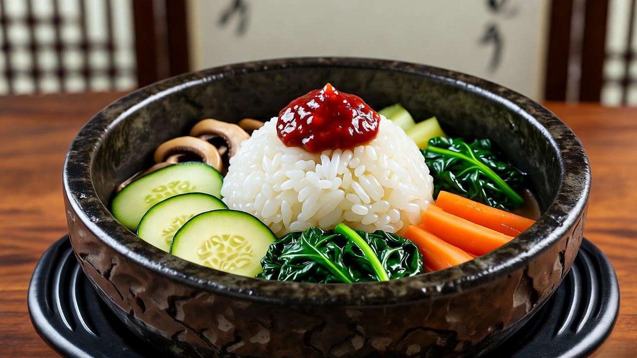 Vibrant bibimbap dish at Darakhyu Hotel Incheon, served in a hanok-inspired dining area for K-drama fans.