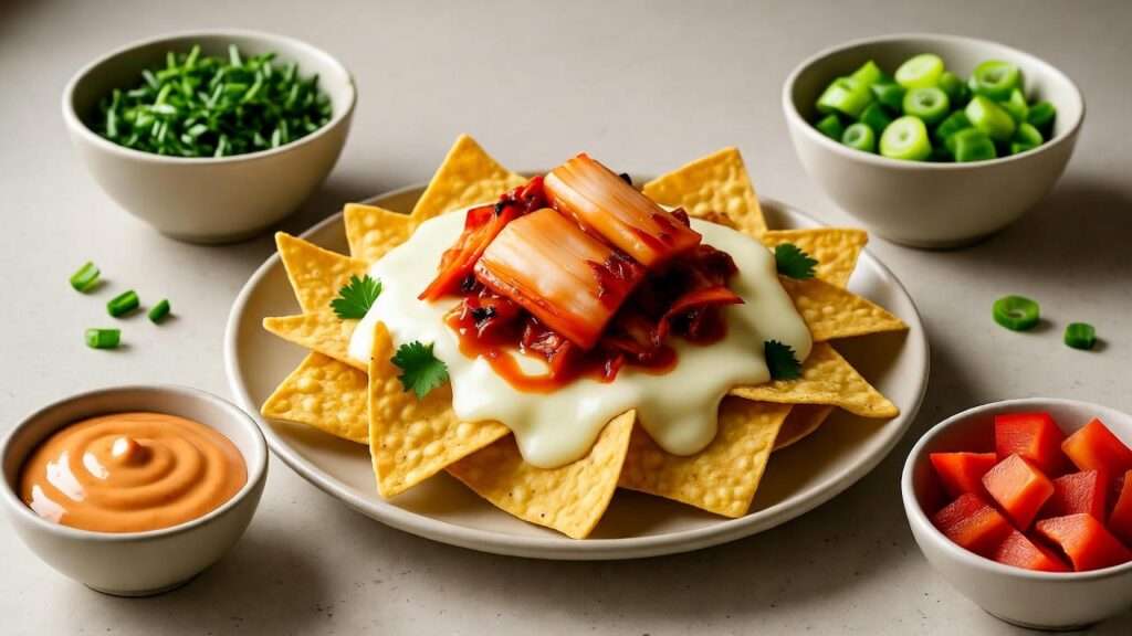 Korean butter chip nachos with cheese and kimchi on a stylish kitchen counter.