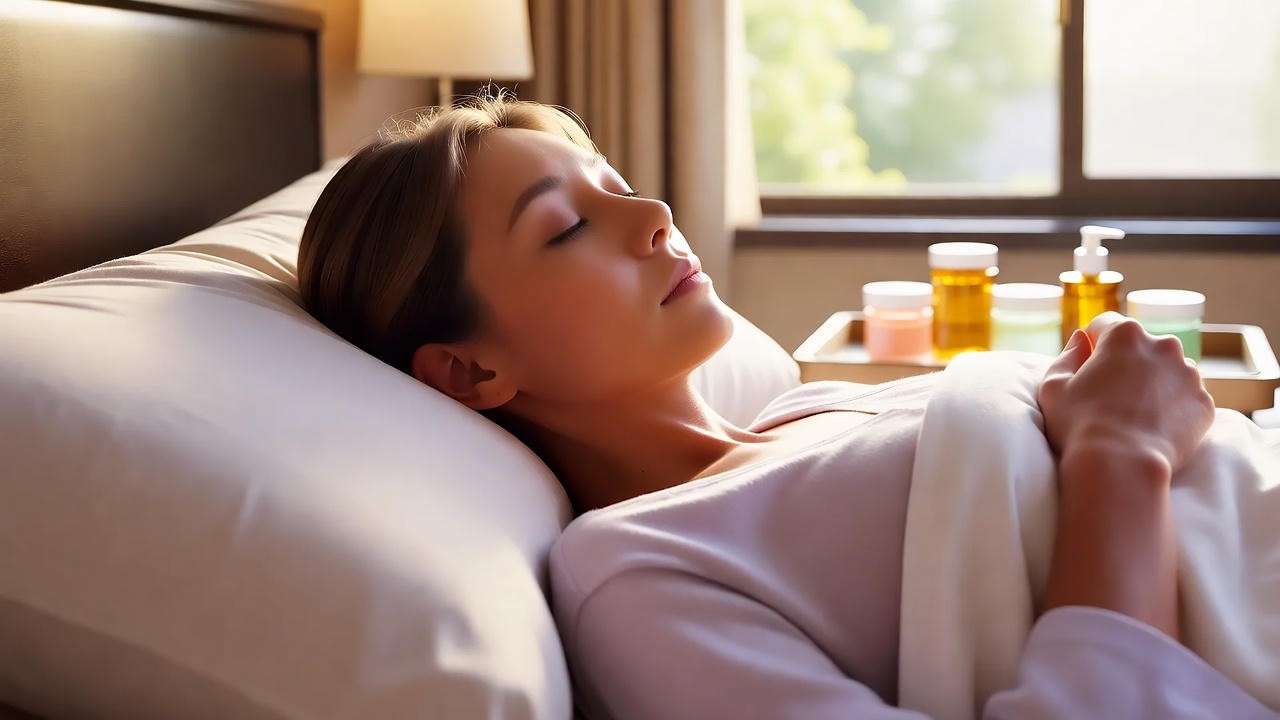 Patient recovering with K-Beauty skincare in a Seoul hotel room.