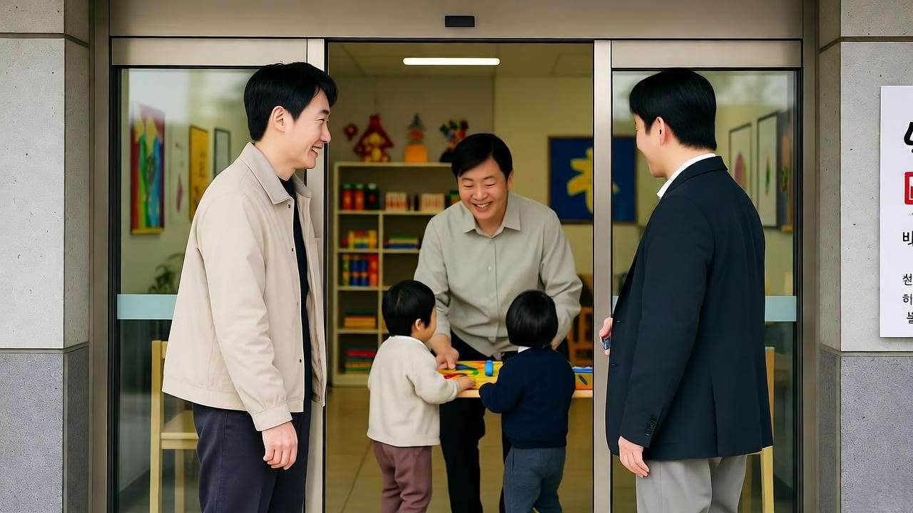 Parents touring a Korean daycare with children playing