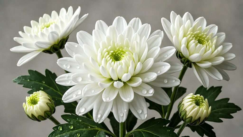 Close-up of white chrysanthemums symbolizing grief and purity in Korean funeral flowers traditions.