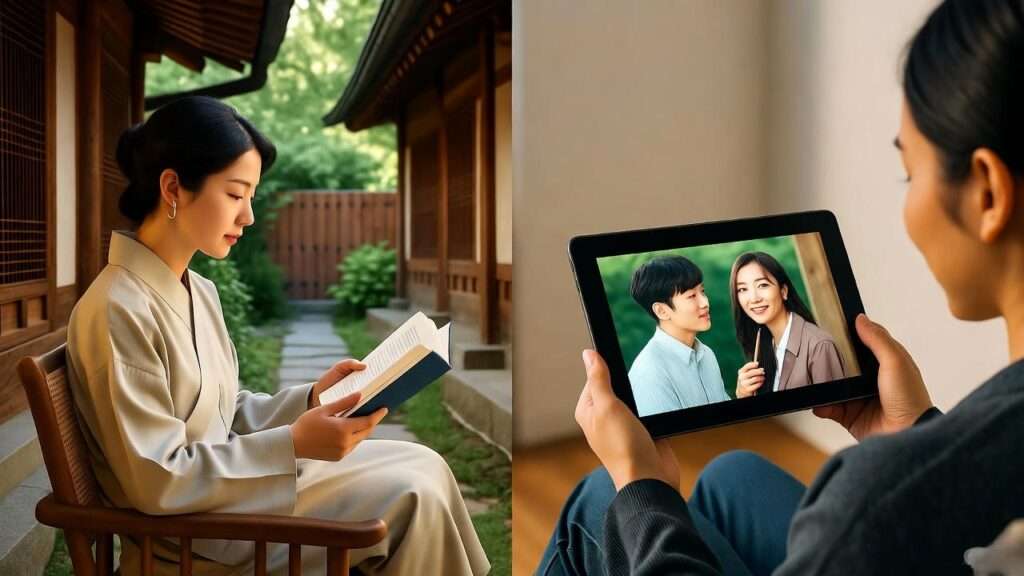 Reflective Korean daily life with hanok courtyard and K-drama viewing.
