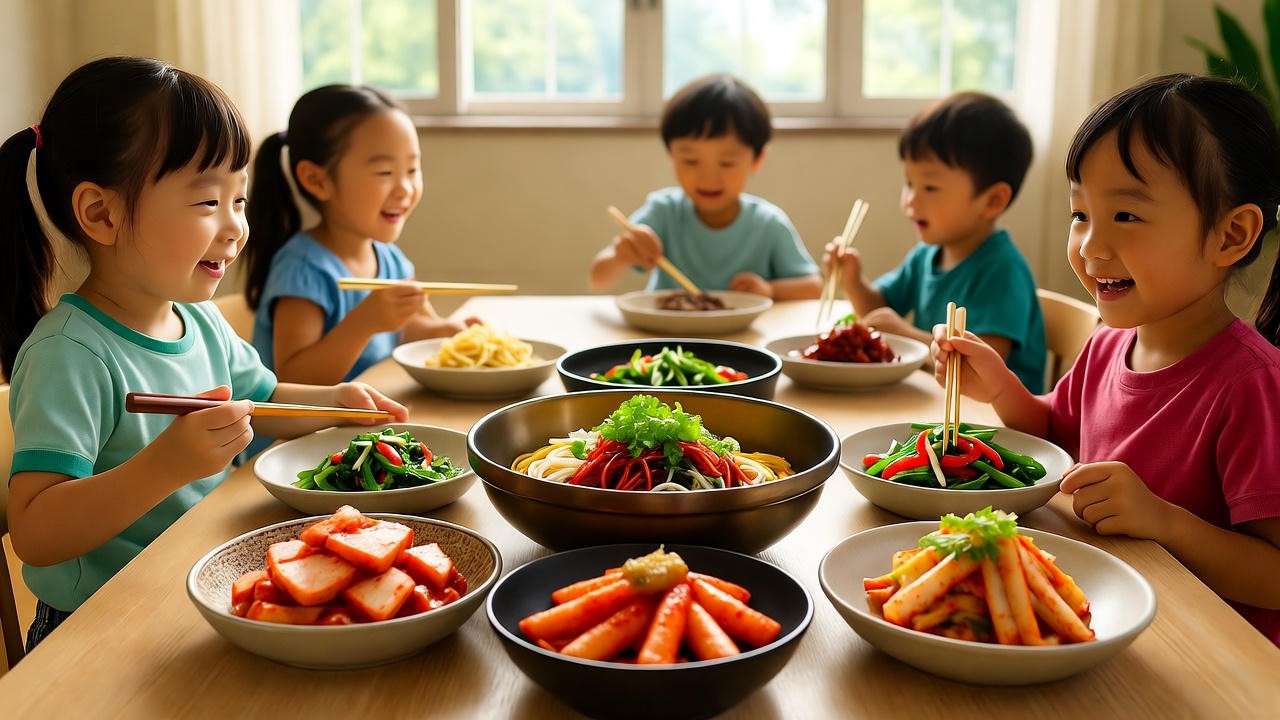 Korean daycare community festival with parents and kids in hanbok