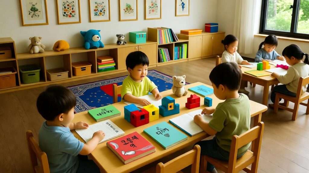 Cozy Korean daycare classroom with children and cultural decor