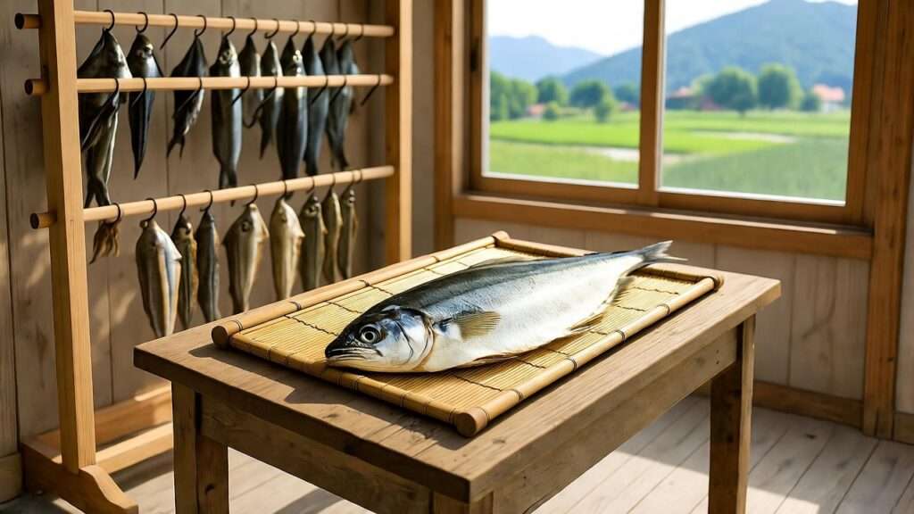 Traditional preparation of maesaengi dried pollock on a bamboo mat in a rustic Korean kitchen