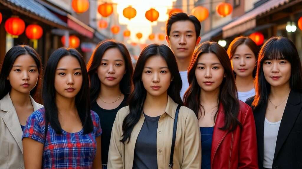 Diverse Korean beauty representation in a vibrant street market.