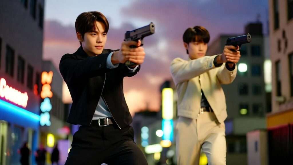 K-drama actors with prop guns on a Seoul set, illustrating fictional firearm portrayal