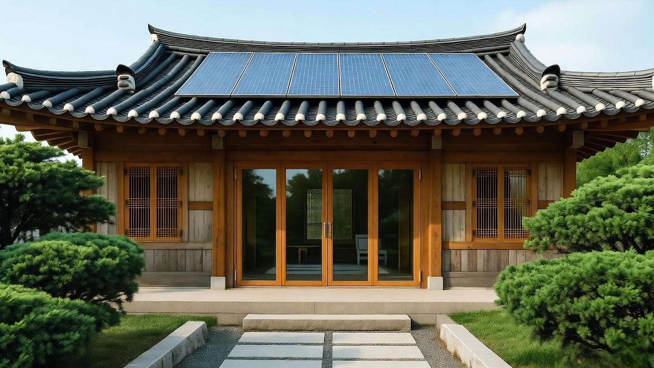 Sustainable hanok exterior of Darakhyu Hotel Incheon with reclaimed wood and garden, highlighting eco-friendly design.