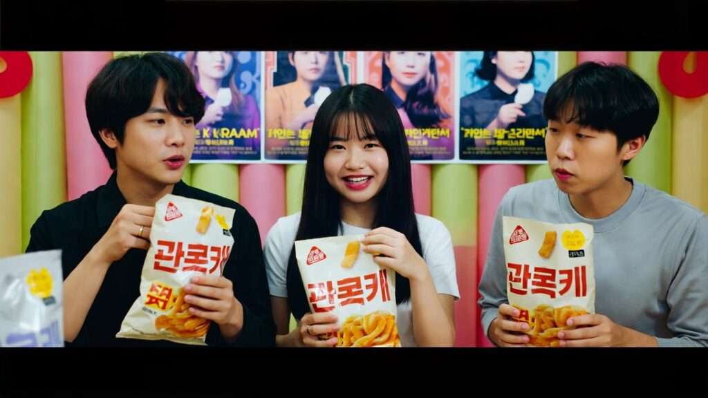 Lively K-pop fan event with people sharing Korean butter chips and colorful decorations