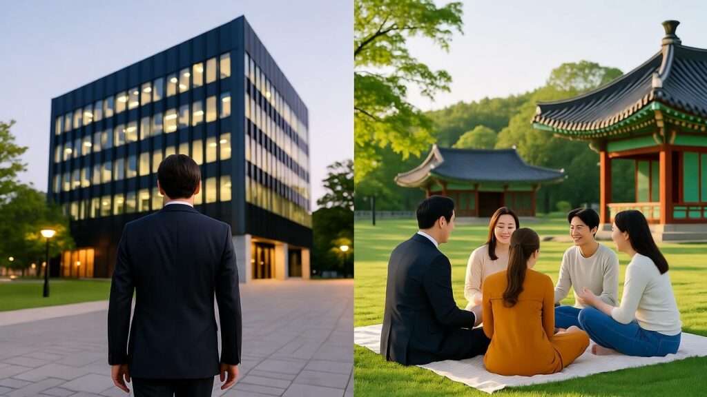 Korean work-life balance scene with office and family picnic.