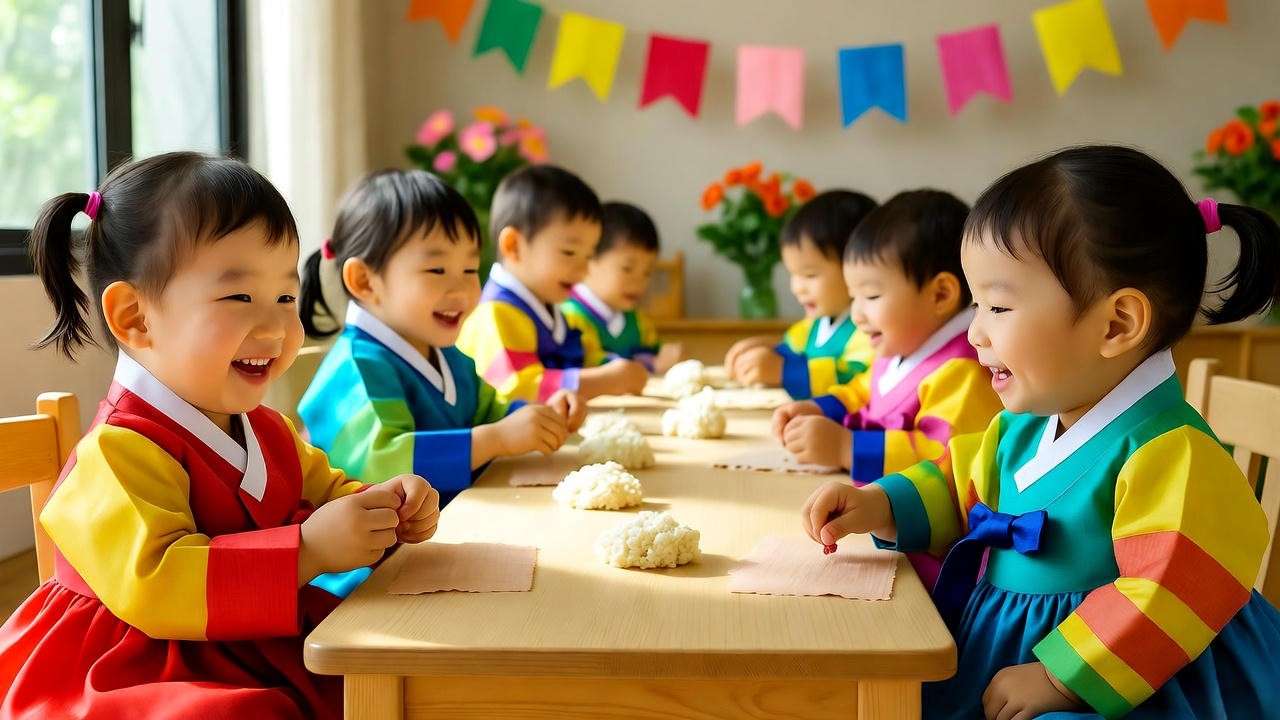 Children in hanbok making songpyeon at a Korean daycare cultural activity