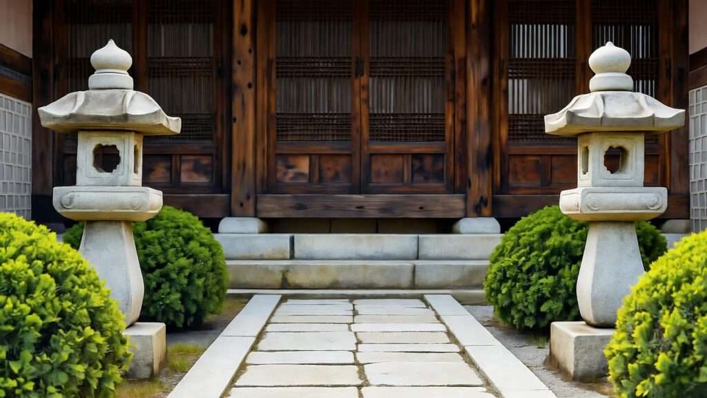 Tranquil courtyard with stone lanterns at Darakhyu Hotel Incheon, reflecting hanok-inspired K-drama aesthetics