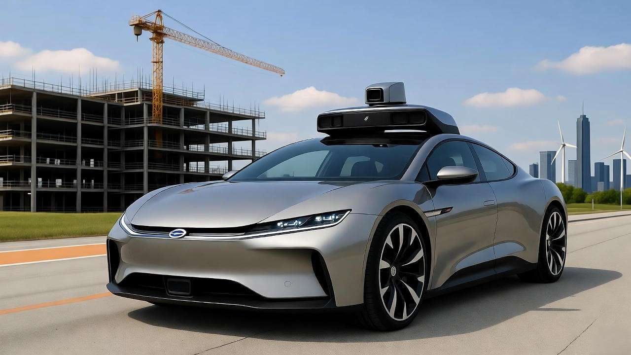 Futuristic Hyundai EV on test track with new factory and green city skyline.