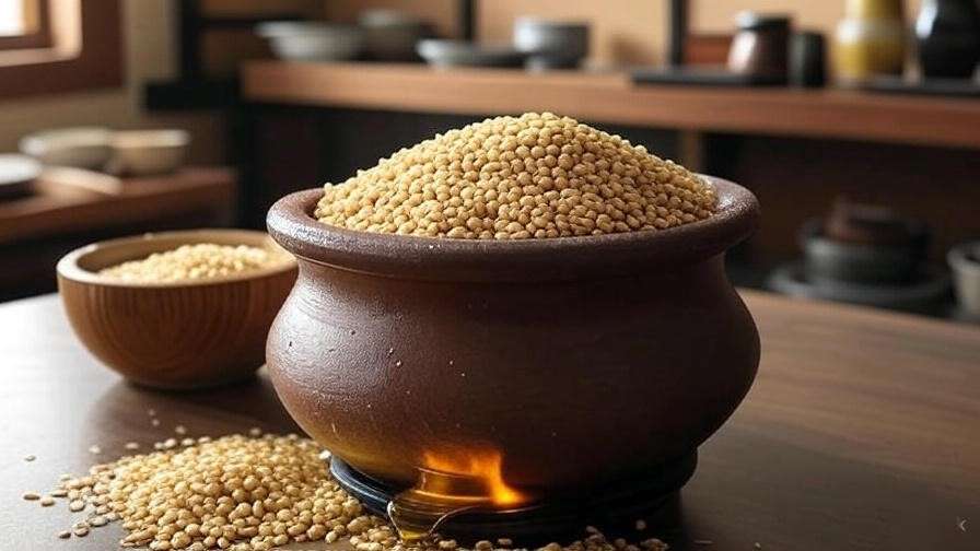 Close-up of toasted sesame seeds roasting for Korean sesame oil in a traditional clay pot