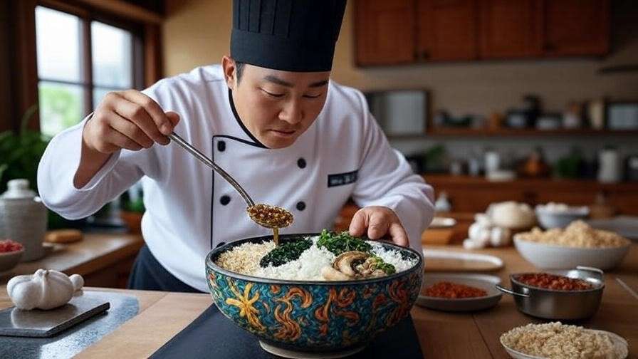 Korean chef drizzling sesame oil over vibrant bibimbap with fresh vegetables