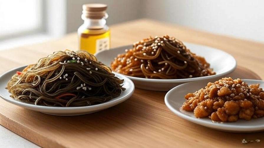 Glass bottle of Korean sesame oil with healthy japchae and namul dishes.