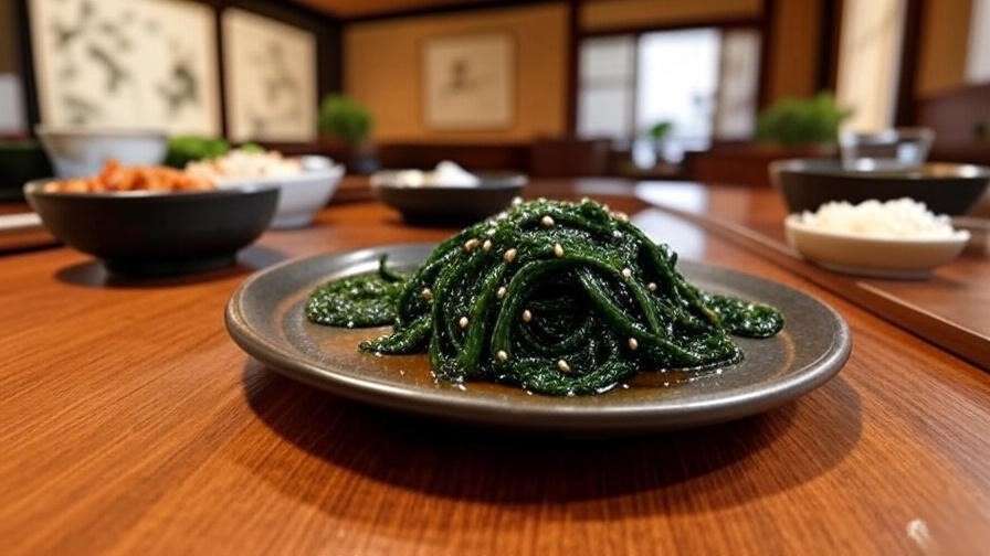 Sesame-seasoned spinach banchan with Korean sesame oil drizzle and traditional side dishes.