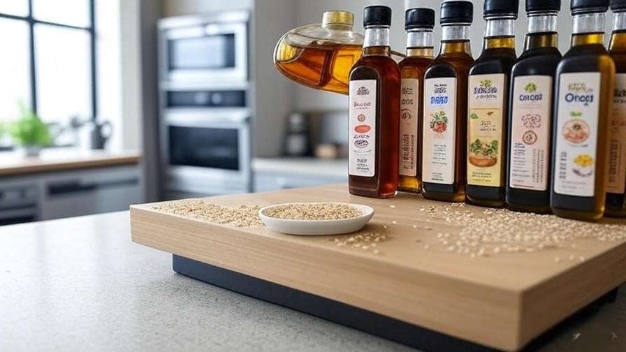 Display of Korean sesame oil bottles from Ottogi and CJ with oil being poured.