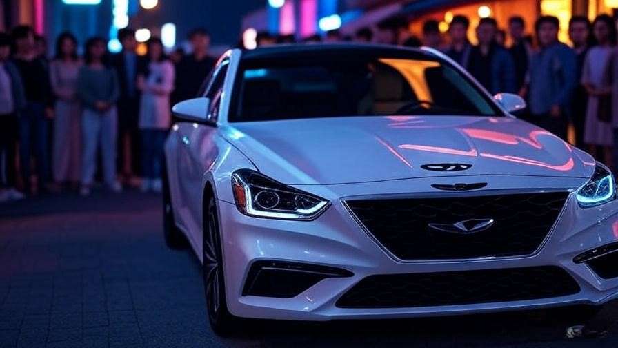 Sleek Hyundai Genesis on a Seoul street at night with neon lights, K-drama aesthetic