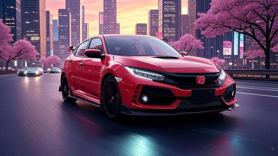Red Honda Civic Type R speeding through a Japanese cityscape with anime vibes