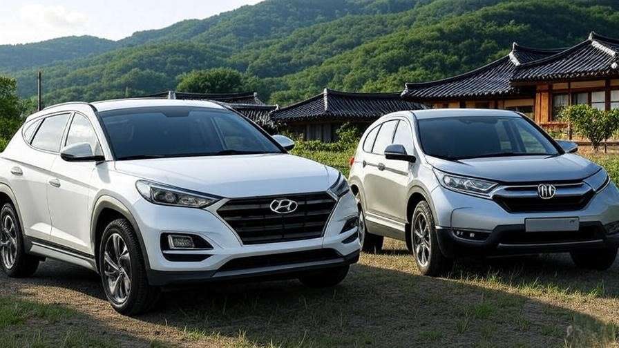 Hyundai Tucson and Honda CR-V side by side in Korean countryside with hanok houses