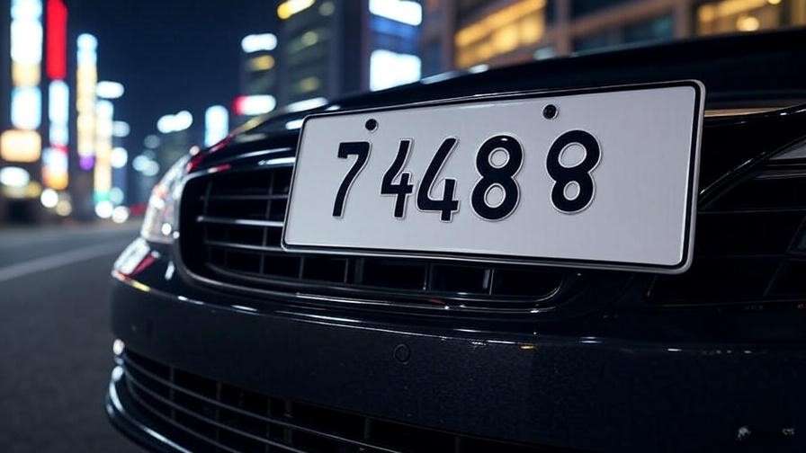 Close-up of a white South Korean license plate on a luxury car with a blurred Seoul skyline at night