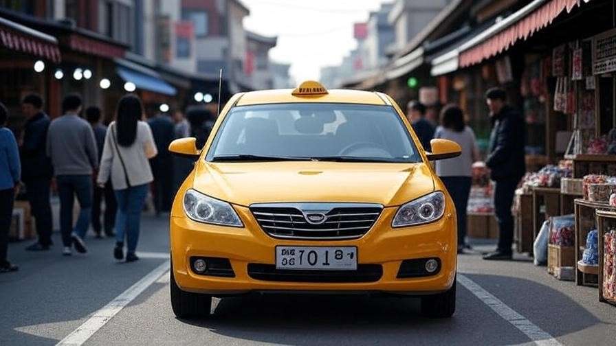 Yellow taxi with South Korean license plate on a busy street with traditional Korean market stalls.