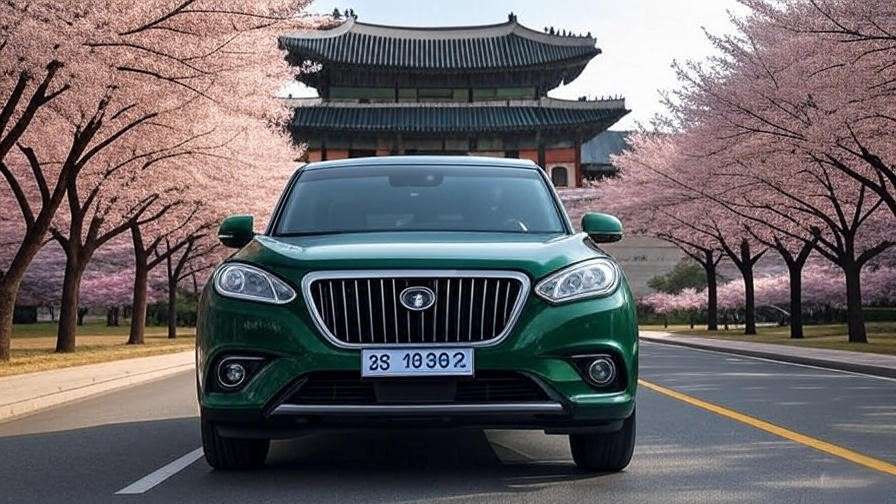 Green government vehicle with South Korean license plate near a historic Korean palace with cherry blossoms