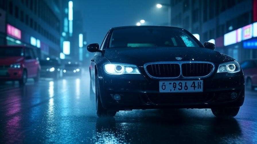 Black car with South Korean license plate in a dramatic K-drama chase on a rainy Seoul street