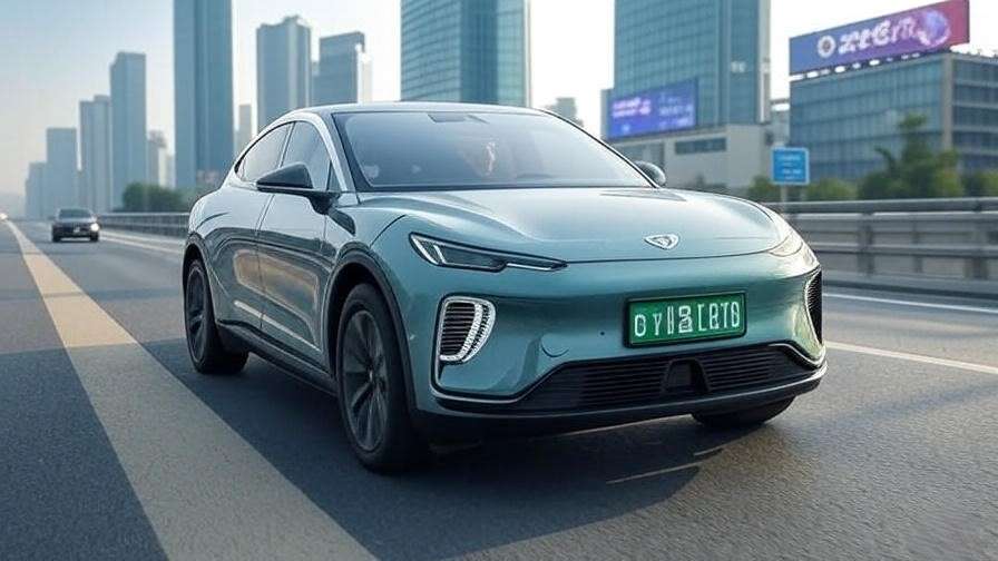 Futuristic electric vehicle with green South Korean license plate on a high-tech Seoul highway