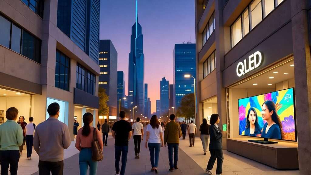 Modern Korean cityscape with Samsung technology and K-drama on QLED TV at dusk