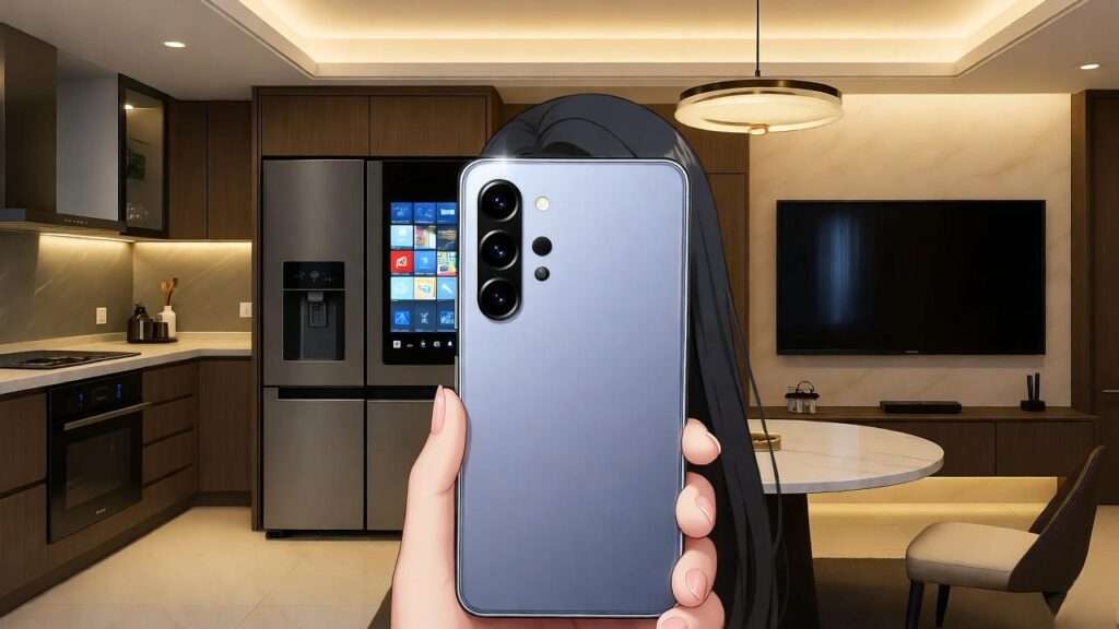 tylish Korean character with Samsung Galaxy in luxurious K-drama apartment.