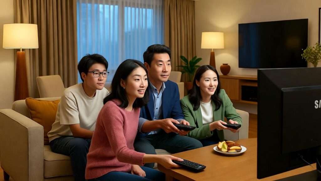 Diverse audience watching K-drama on Samsung Smart TVs globally.