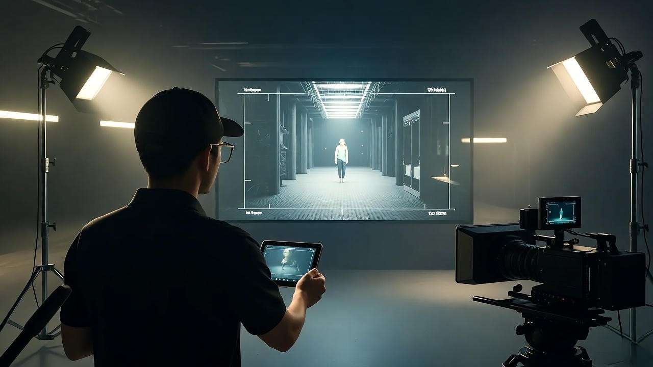 Futuristic K-drama set with Samsung AI and VR technology.