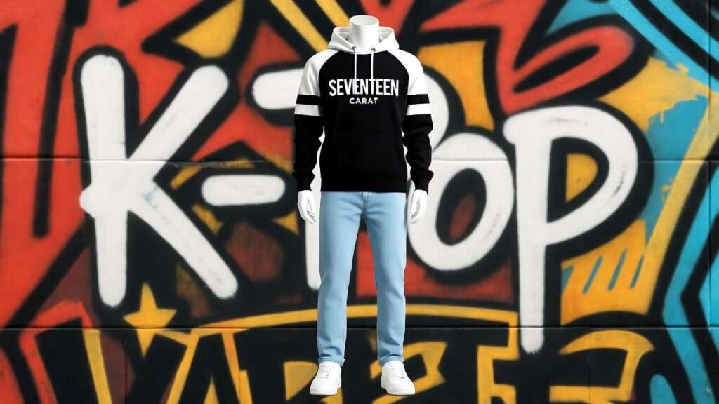 SEVENTEEN CARAT Edition hoodie styled with jeans against urban K-Pop graffiti