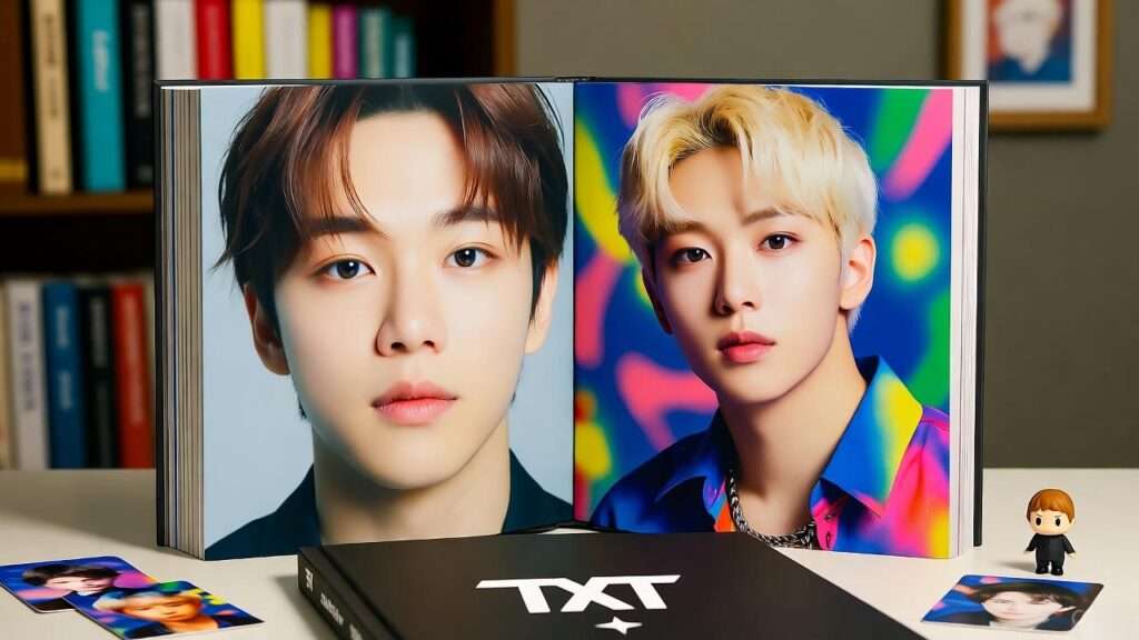 Open TXT photobook with colorful pages and K-Pop memorabilia in a cozy room