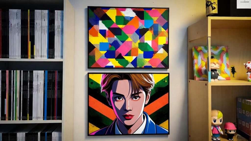 TXT Beomgyu poster set on a wall with K-Pop albums in a fan’s room.
