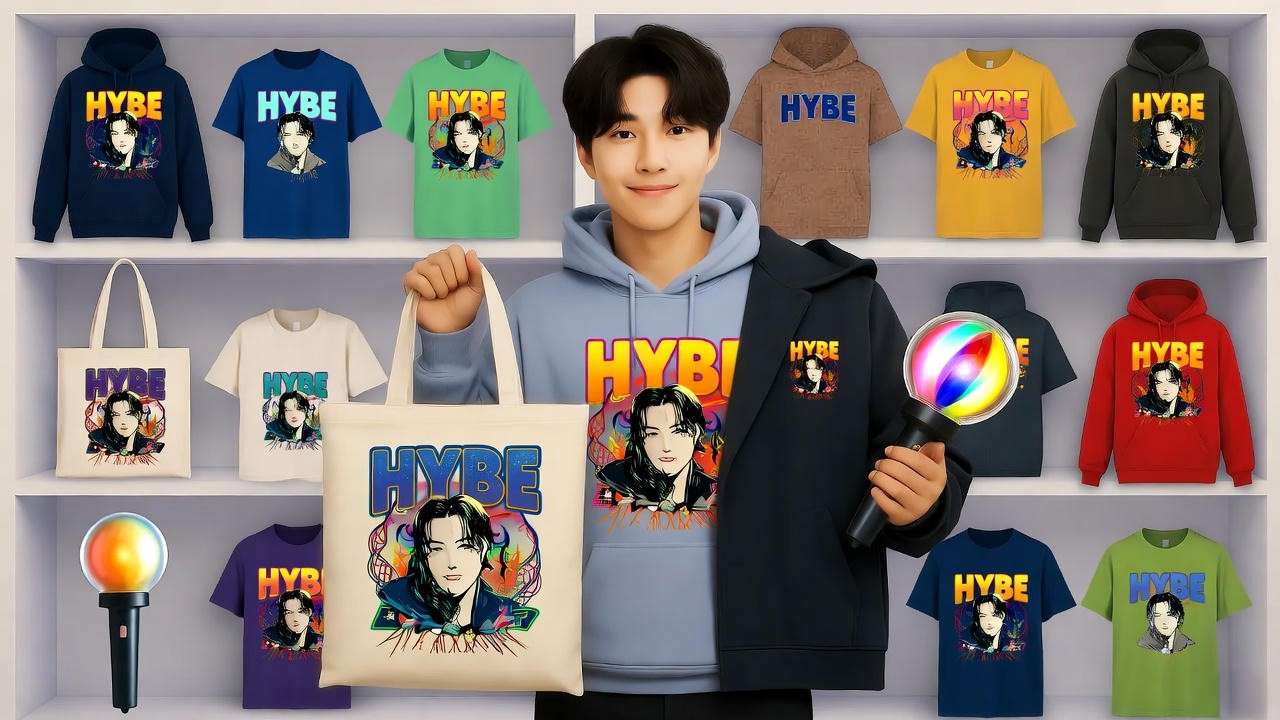 Fan holding HYBE merchandise in front of a virtual K-Pop store shelf.