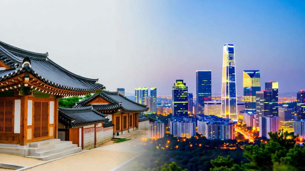 Traditional hanok village contrasting with modern Seoul skyline, representing Korean culture evolution
