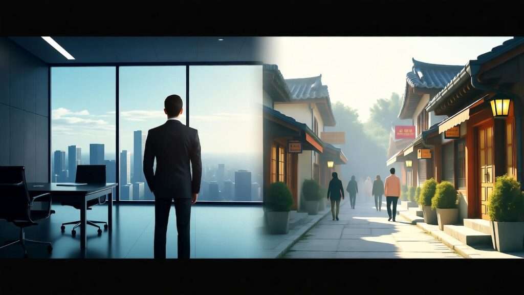 Luxurious chaebol office contrasting with everyday Korean neighborhood life.