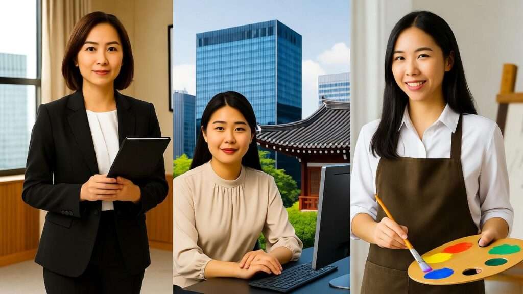 Diverse modern Korean women in professional roles against Seoul urban backdrop.