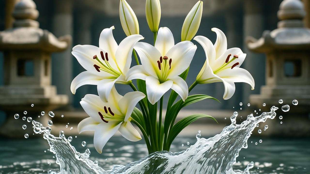 White lilies representing soul renewal and shamanistic purification in Korean mourning customs.